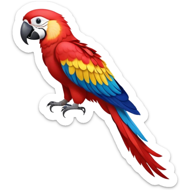 cinematic-macaw-realistic-full-body-standing-emoji,-vibrant-feathers-glowing-with-rich-reds,-blues,-and-yellows,-head-tilted-dramatically,-curved white-beak-gleaming,-piercing-dark-eyes-exuding-confidence,-simplified-yet-realistic-focused sticker