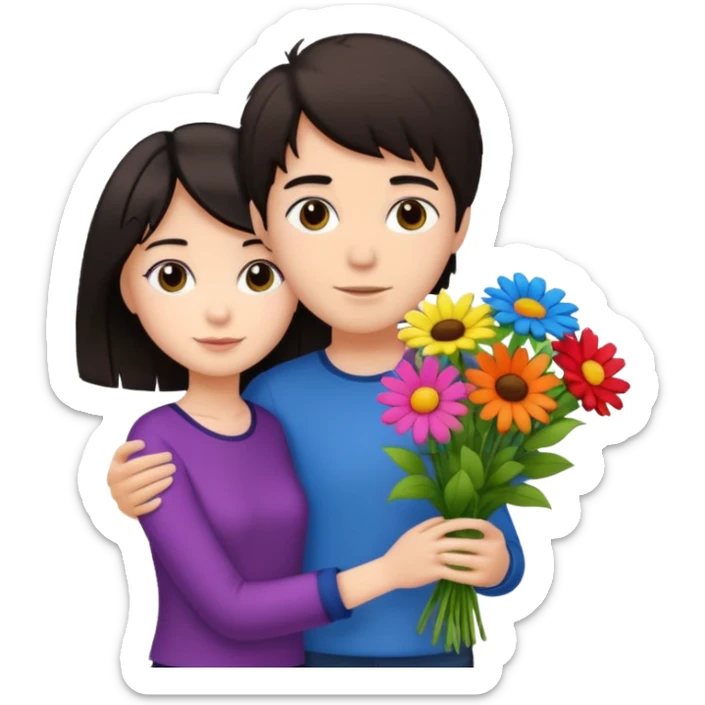 a pretty bratz fair girl with short black shaggy hair with a tall boy and flowers sticker