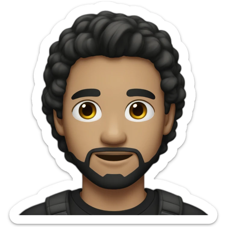 20-year-old man, white skin, black mid-long hair, goatee, black eyes, black t-shirt. sticker