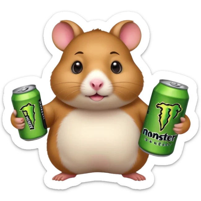 Funny cartoon-style fat hamster wide eyed holding a can of monster energy in one hand and redbull in the other hand sticker