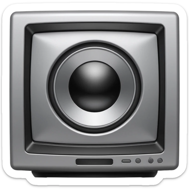 Minimal emoji icon of a modern metallic studio monitor, front view, detailed geometry, dark metallic body, subtle highlights, isolated sticker