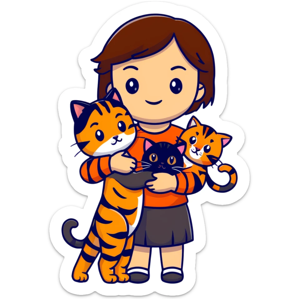 tan brown-haired girl holding two cats, one black cat and one orange tiger-striped cat sticker