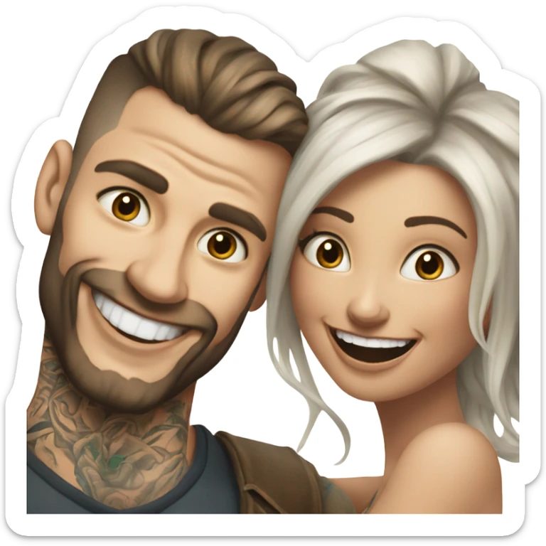 Hyper Realistic beautiful woman in the arms of a very handsome tattooed man laughing  sticker