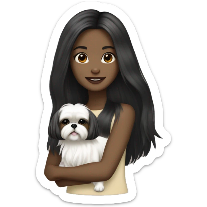 Black long hair pale skin girl with cream colored shih tzu  sticker