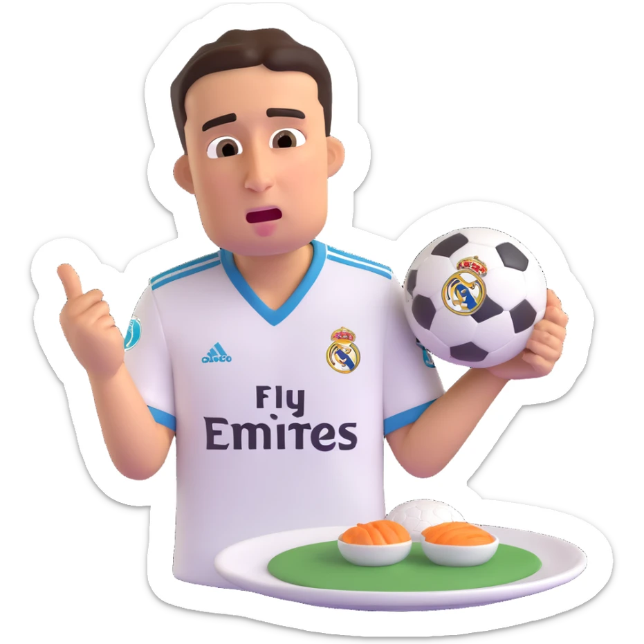 Lamine Yamal in Real Madrid football club uniform, crying and holding a plate sticker