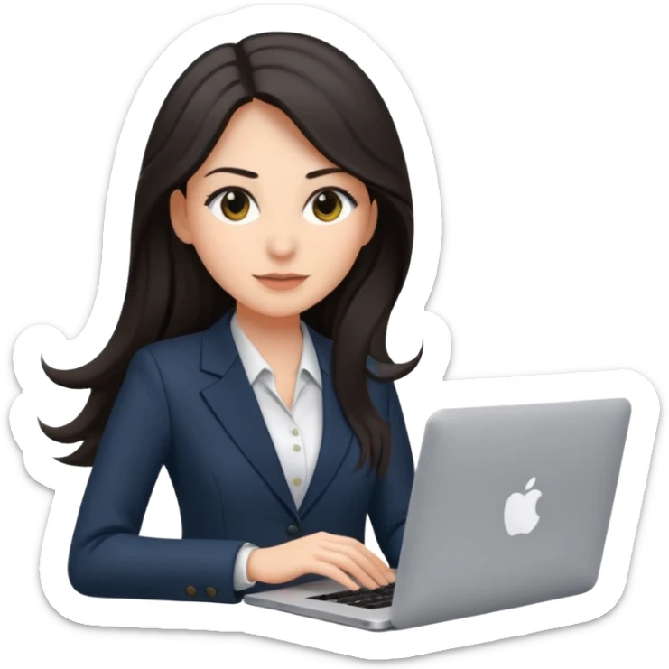 Sales women specialist in shipping with dark long hair with suits and MacBook  sticker