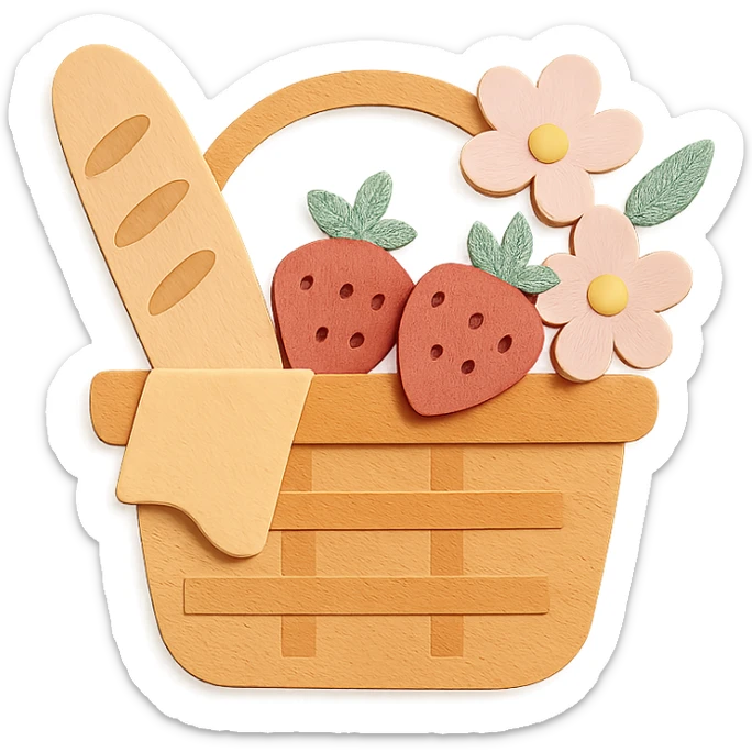 picnic basket with berries, bread, and flowers in warm pastel shades, paper-craft style sticker