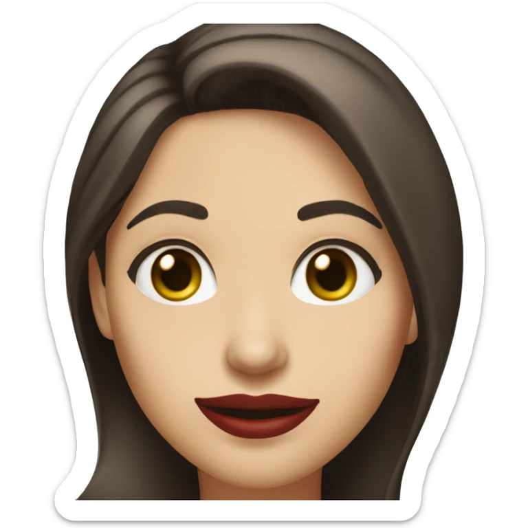 A headshot of a cheerful woman in her 30s with light white skin, shoulder-length dark brown hair, and a round face with prominent cheekbones. She has dark green eyes, full lips with red lipstick, and a warm, friendly smile. She's wearing a blue shirt. sticker
