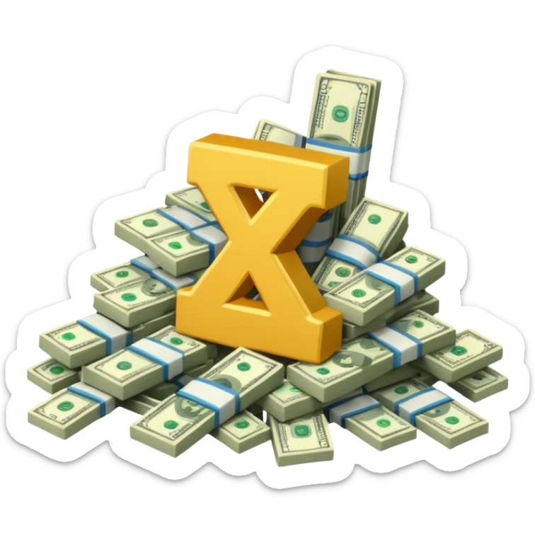 start with a 3d number 10, and 3d letter x, "10x", then to its right, a cash pile, make bills rectangular, looking like a multiplier of the wad of cash sticker