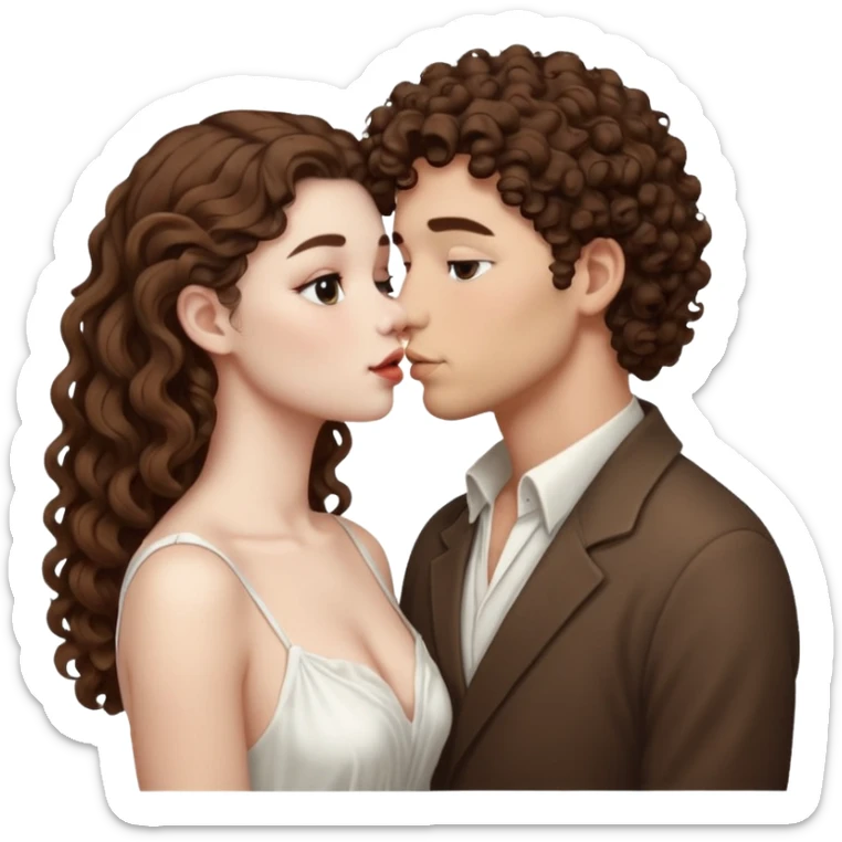 A couple kissing, the man would be white-skinned, mid fade-curly, brown-hair. The serious woman with white skin, long hair and brown color sticker