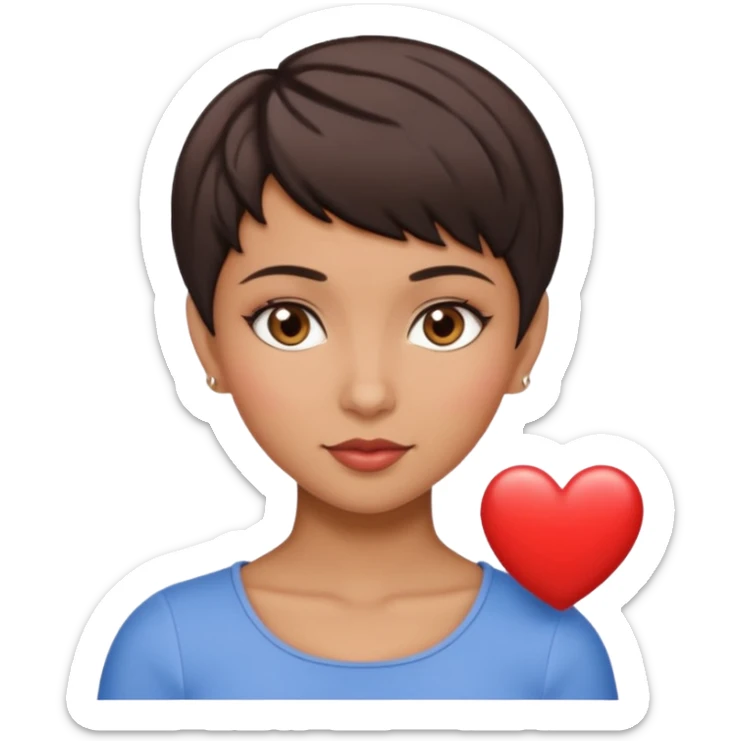 woman pixie cut dark brown hair, tan skin, brown almond eyes, heart shaped face sticker