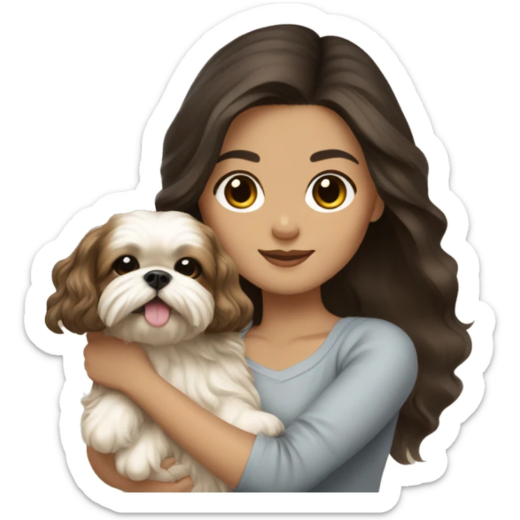 Young dark brunette hair woman with a golden shih tzu in her arms long wavy hair sticker