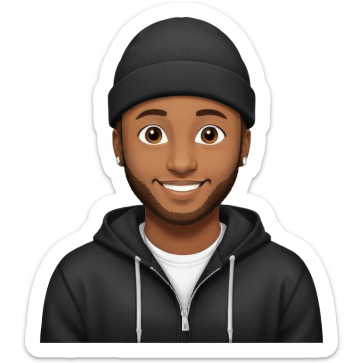 African yound man in his late 20s with a beanie and a bright smile with a short boxed beard, and a low cut hair, looking like davido the musician black hoody sticker