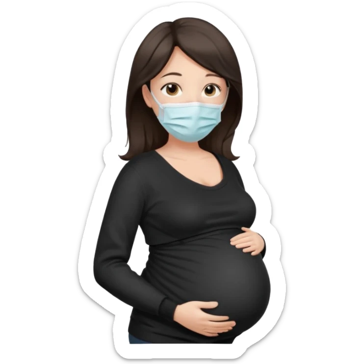 a pregrant lady with dark brown hair? Hair lengt above shoulder, wearing medical face mask, i wanna see the pregnant belly with black sweater sticker