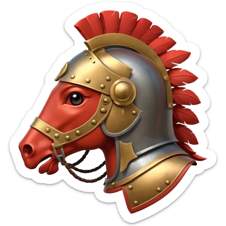 An emoji of a powerful Roman warhorse in full armor, with a feathered helmet. sticker