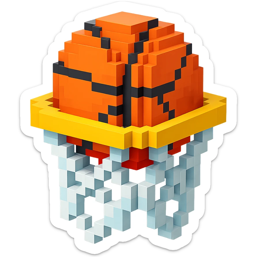 Voxel-style basketball in a net, no background, variation 1. sticker