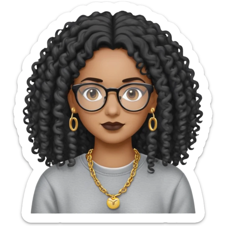 Mixed girl /curly long hair black / with dark hair/ black eyes /glasses /sweat shirt /middle part/ flat erring / small gold chain  sticker