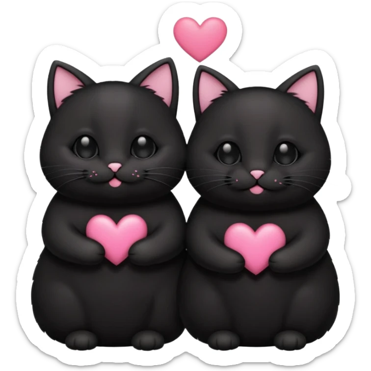 two fat cute black cats love, pink heart, closed mouth, black ears sticker