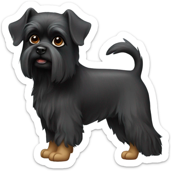 Black dog, a Petit Brabançon (Belgian Griffon). Could you design an emoji that captures this breed’s unique features, such as its flat face, large dark eyes, small size, and smooth coat? Please make it sticker