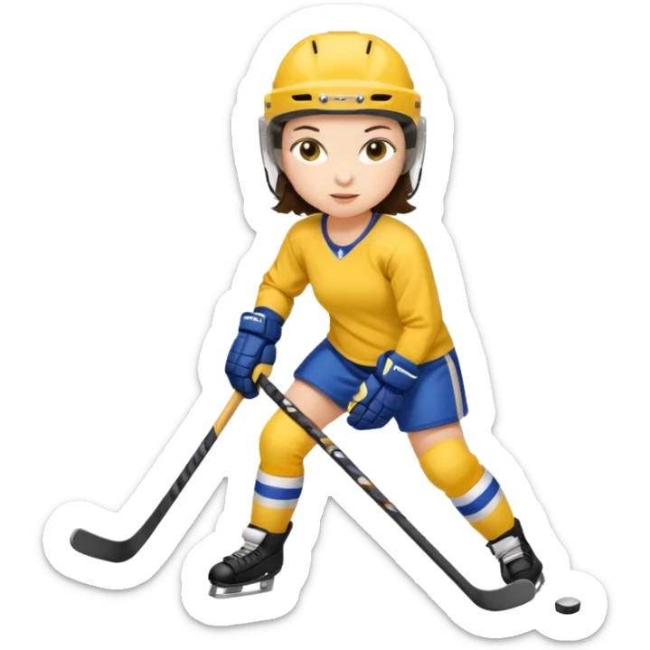 Girl hockey player with yellow jersey full body brunette with helmet sticker