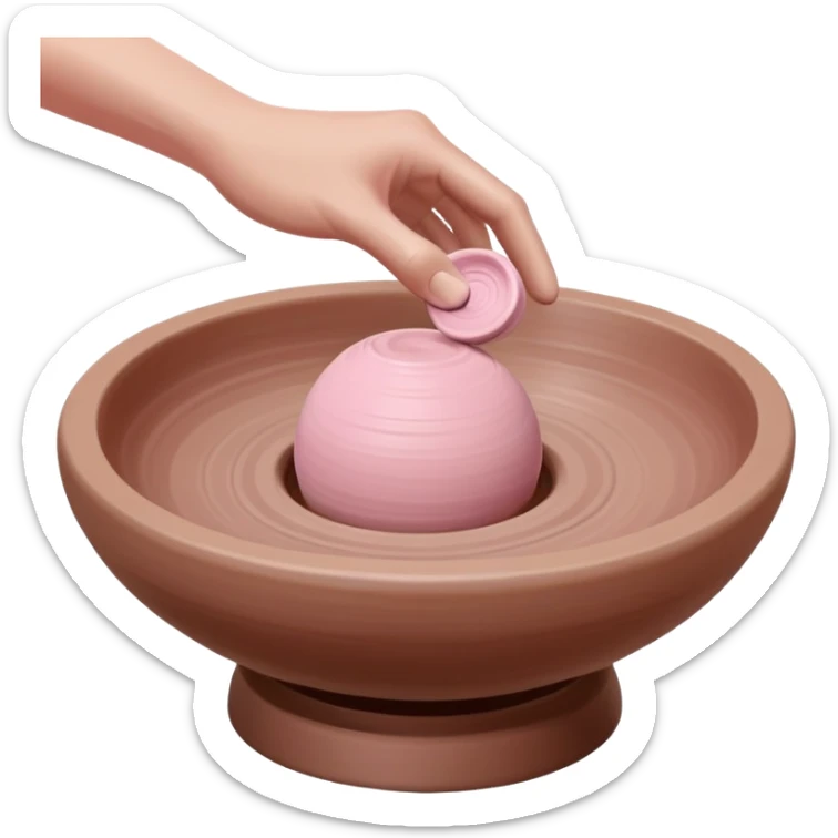 single hand throwing a pink ball of clay onto a pottery wheel, only one hand visible in the frame sticker