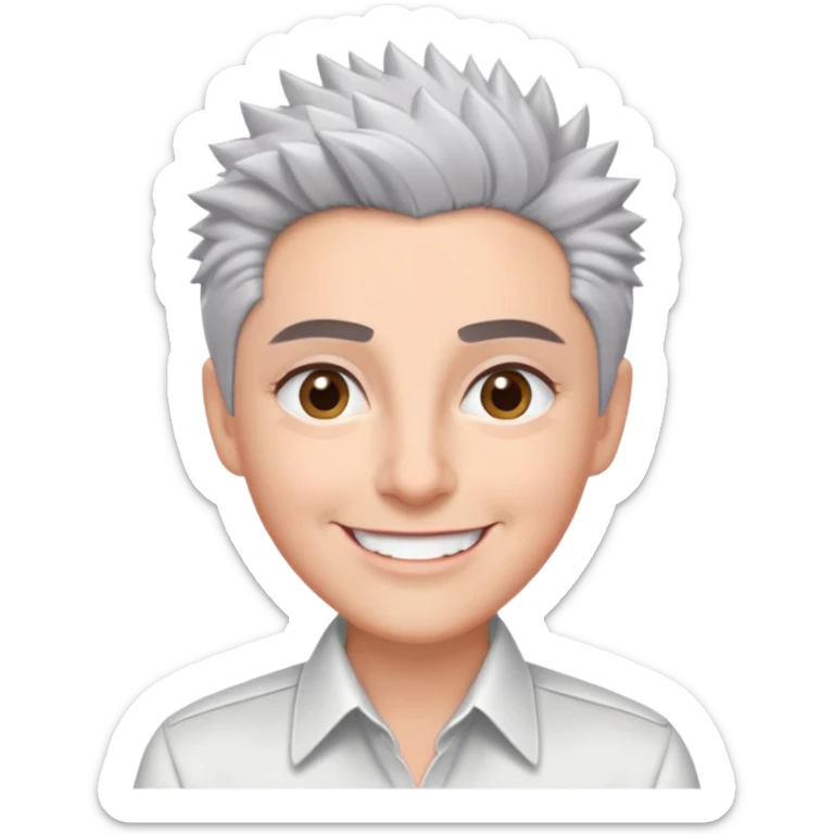 Close-up portrait of Marian Pabón with defined facial structure, light pinkish skin, almond eyes, arched eyebrows, charismatic wide smile, short spiky gray hair, wearing a formal white buttoned shirt sticker