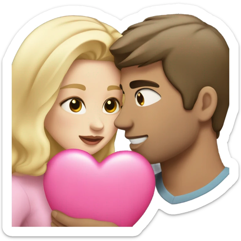 Cute white couple, blonde hair woman and man with dark hair and fair skin kissing holding a pink heart sticker