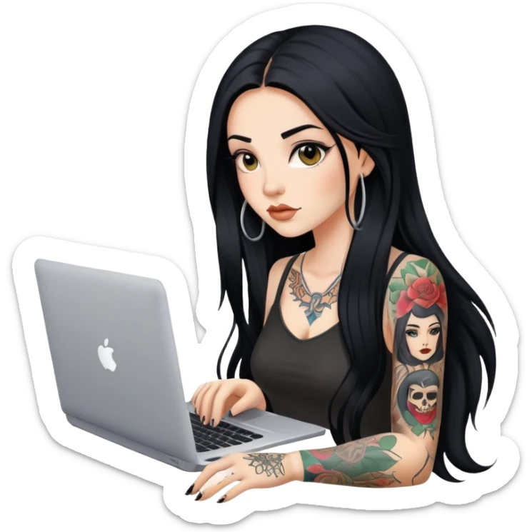 beautiful girl with tattoos, with long black hair, typing on laptop sticker