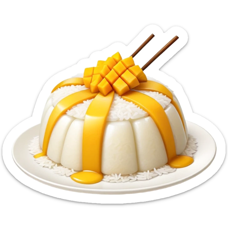 cinematic-realistic-mango-sticky-rice-dessert-emoji,-showcasing-sweet-sticky-rice out of a mould-paired-with-ripe-mango-slices-and-coconut-milk-rendered-with-lifelike-detail-and-warm,-inviting-lighting with the coconut  milk over the rice sticker