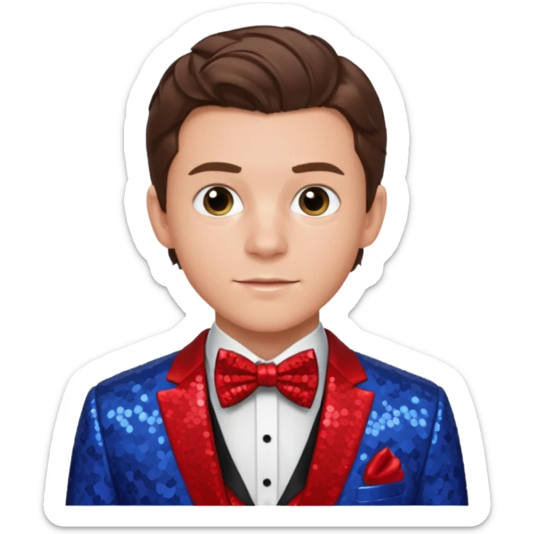 Tom Holland with brown hair, red shirt, periwinkle sequin suit jacket with bow tie sticker