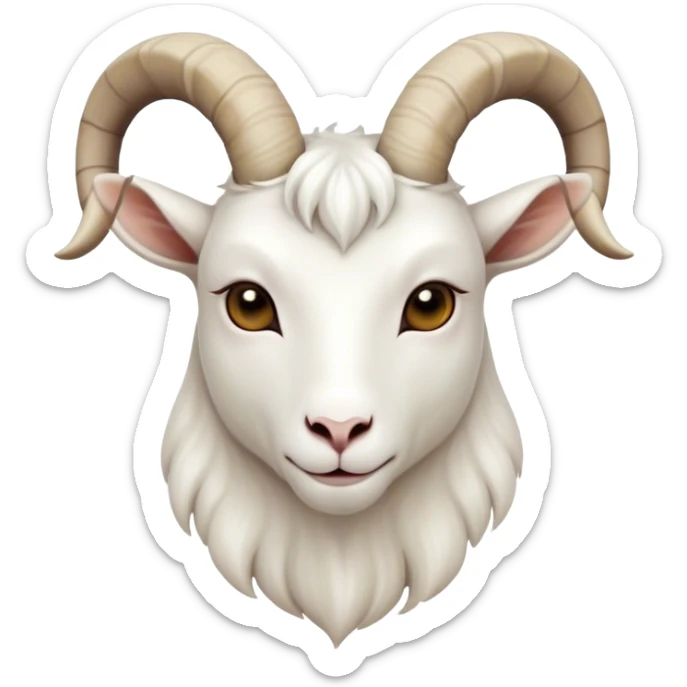Cinematic Noble White Goat Portrait Emoji, Poised and regal, with a sturdy, agile build and a pristine, smooth white fur accented by gracefully curved horns, deep-set soulful dark eyes, Simplified yet sharp and sophisticated features, highly detailed, glowing with a soft, dignified glow, high shine, intelligent and spirited, stylized with an air of pastoral elegance, focused and attentive, soft glowing outline, capturing the essence of a watchful and confident goat, so majestic it feels as though it could leap out of the screen with effortless authority! sticker