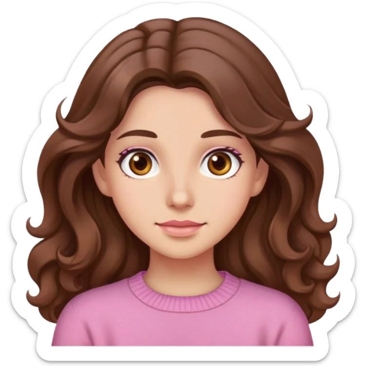 female character, brown eyes, long wavy brown hair, pink jumper sticker
