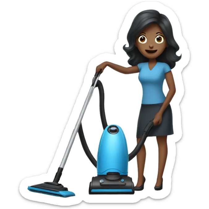 slate blue broom and vacuum cleaner, with a black lady, straight hair, and surprise expression sticker