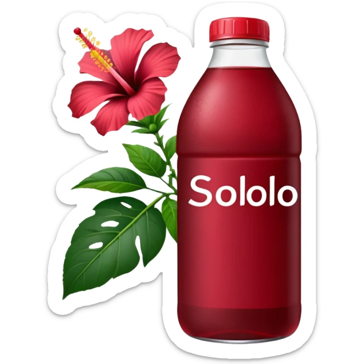 sobolo emoji (Ghanaian frink) in a plastic bottle and make the juice dark red  but a hibiscus on it and  write sobolo on it sticker