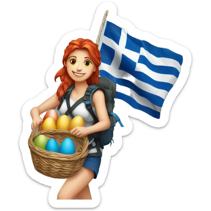 Greek flag background Female mountain climber red hair climbing with Greek flag on backpack and holding Easter eggs basket sticker