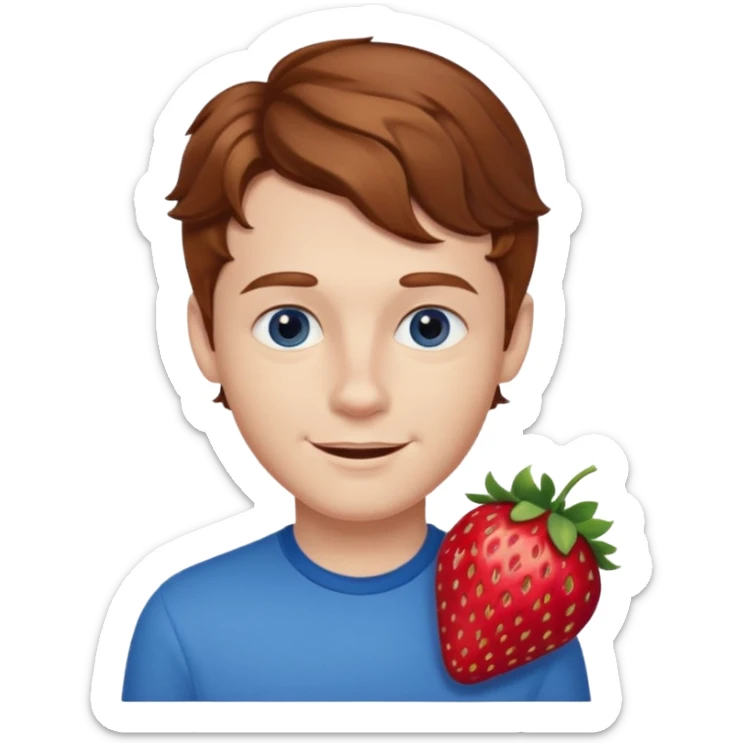 Please generate a portrait of a boy. He has wavy, light brown to reddish-brown hair, a right side parting, slightly longer sideburns, blue eyes, a snub nose, and a rather pronounced, strawberry-red pout. He is smiling. sticker