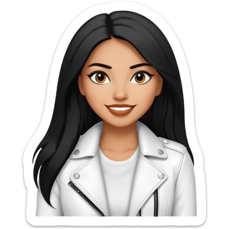 beautiful fit woman, with long straight black hair, with make up, black eye liner, smile mooth close, mexican, brown skin, wearing casual white outfit and leather black jacket, flirting sticker