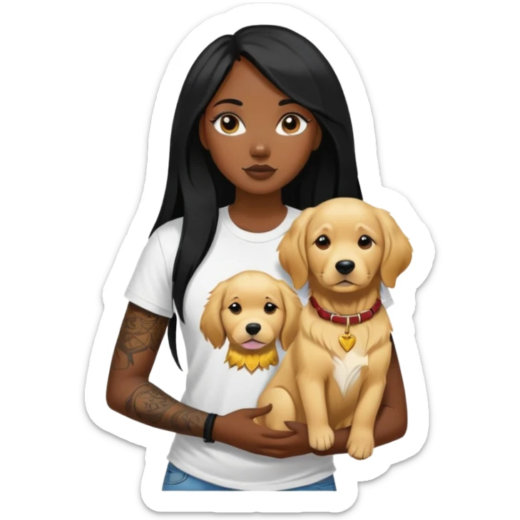a black girl with long black  straight hair with  tattoos on the chest in the t-shirt and  a golden retriever sticker