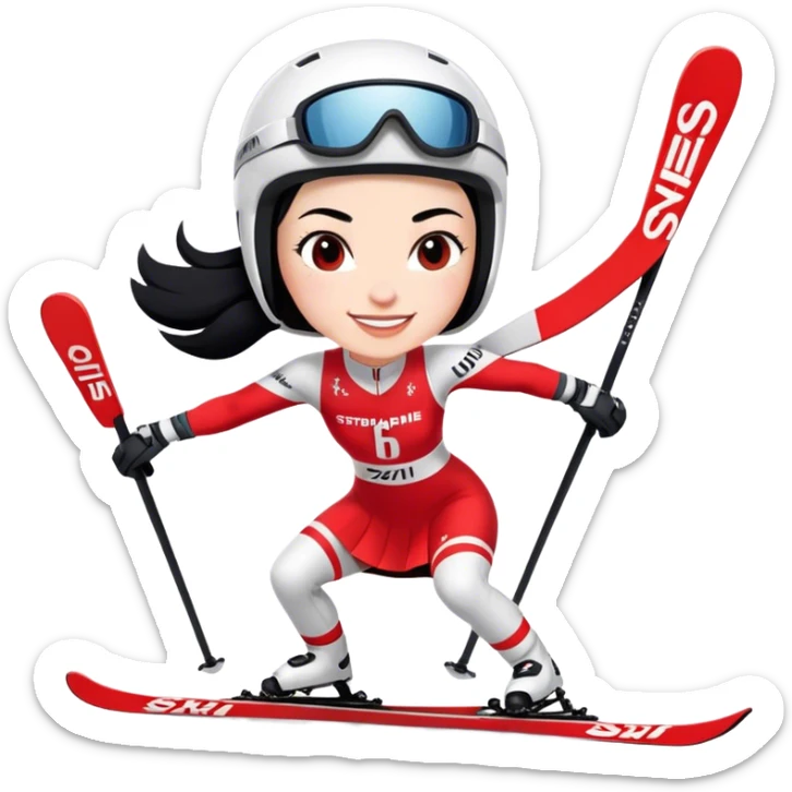 Ski racer downhill squat woman red white dress written Stephanie on the dress Ski Head lettering black hair smile sticker