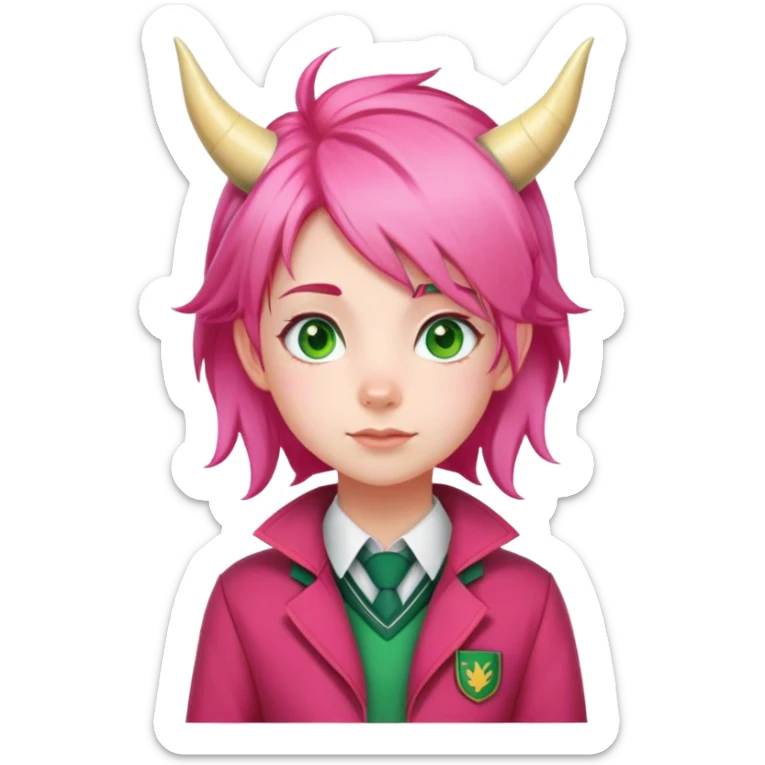 Anya Forger from Spy x Family, cute little girl with pink hair styled with two horn-like tufts, green eyes, cheerful expression, wearing Eden Academy school uniform with red jacket sticker
