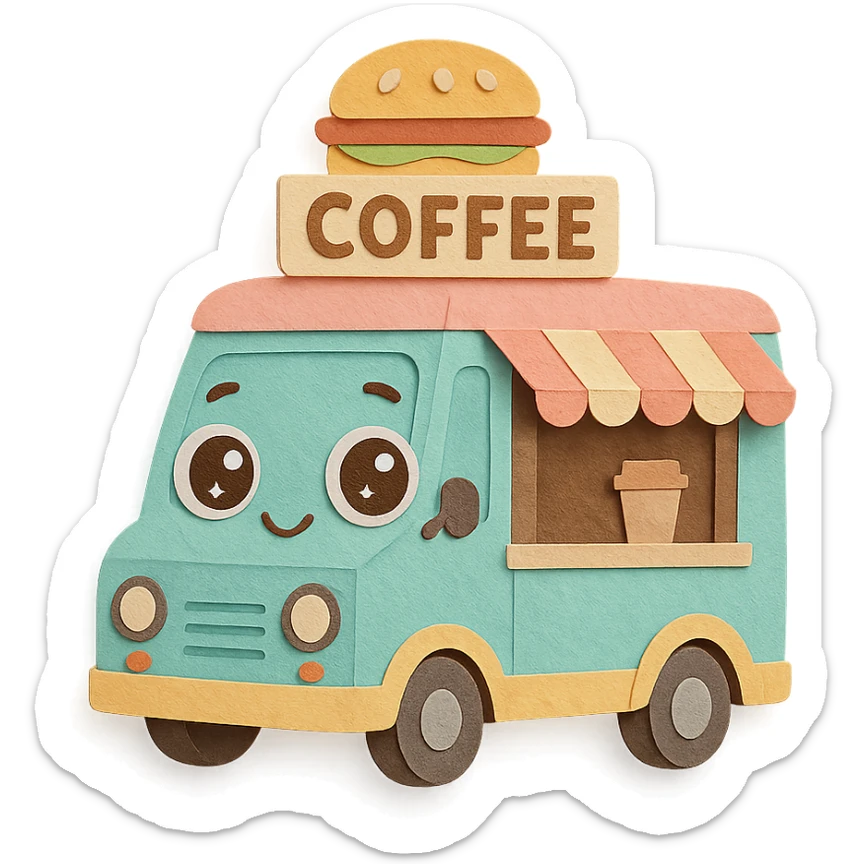 adorable mobile coffee truck, full body, pastel colors, big sparkling eyes sticker