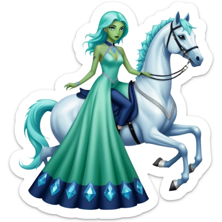 alien reptilian green skin woman, in long slim pastel blue formal party satin dress with gradient shiny sparkling navy blue diamonds embroidered , ride a White horse sticker