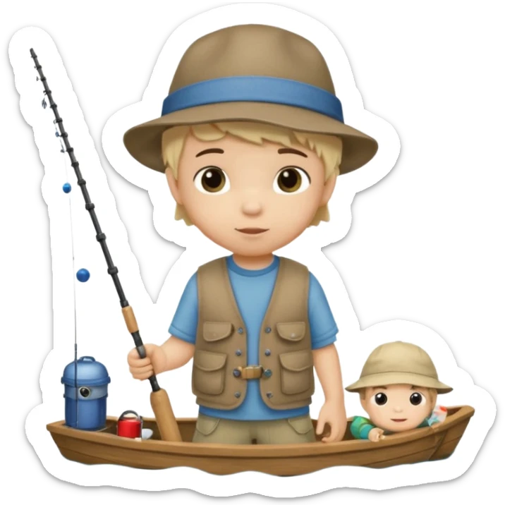Little boy on the dock fishing, felt texture, scrapbooking, precious moments style character sticker