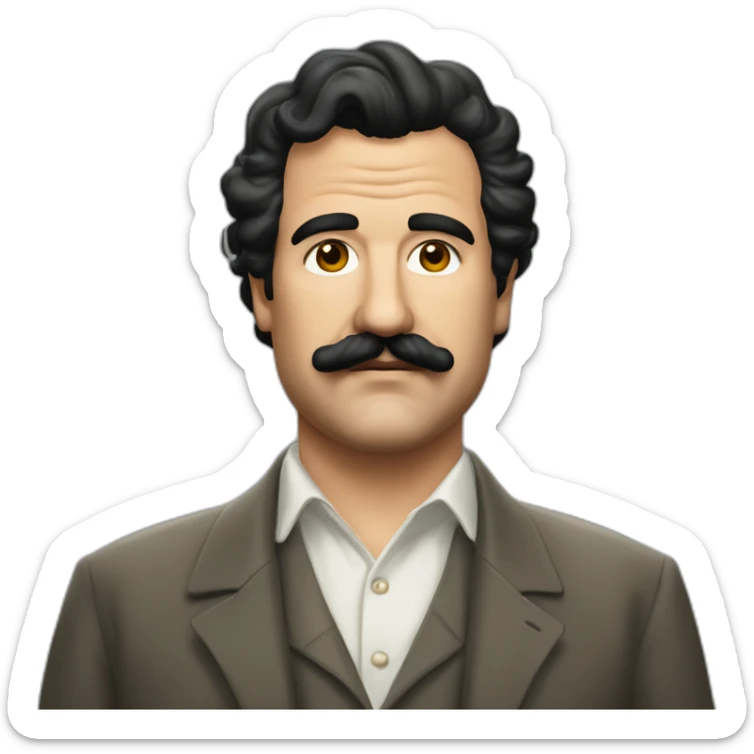 un hombre gordo, con un bigote, con pocos rulos, estilo Pablo Escobar sticker