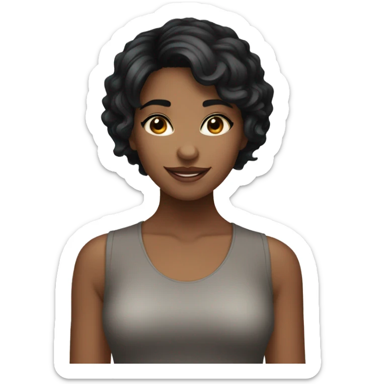 a balck short hair girl with big brown eyes and smily face sticker