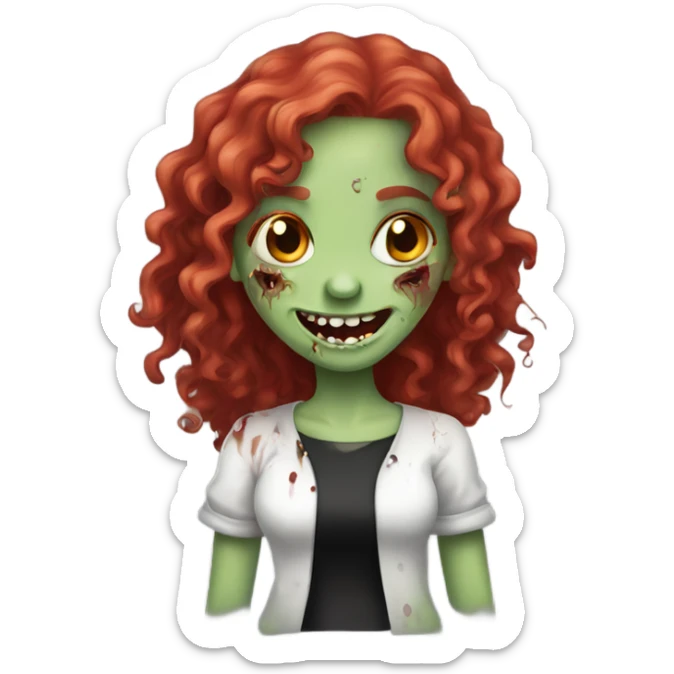 Happy zombie girl red long curly hair with both hands in the sue, black blouse sticker