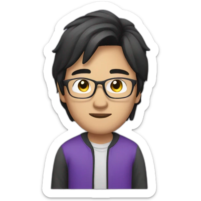 an asian guy with long black hair. Wearing glasses and a purple sweat sticker