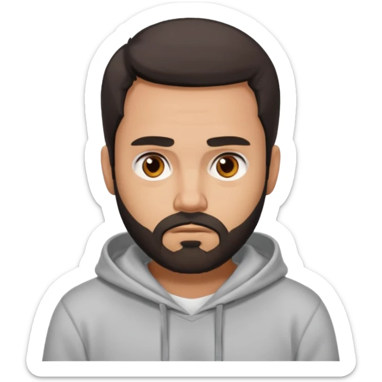 Uomo adulto con la barba capello moro occhi marroni metà busto e vestito con una felpa grigia e maglietta bianca espressione cattiva sticker