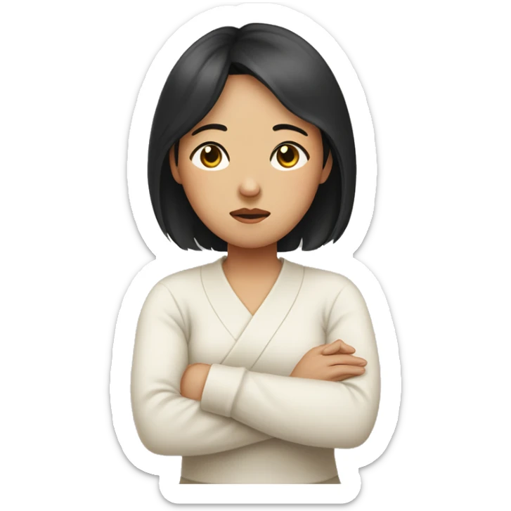 A Korean woman in her 30s with a difficult and sad expression, mother, black hair with arms crossed sticker