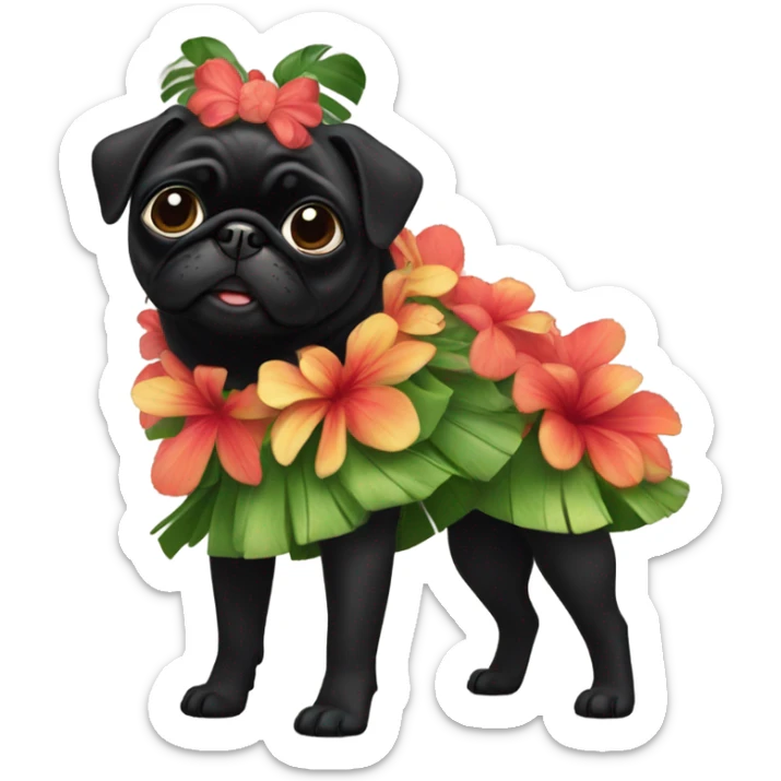 Black pug in a Hawaiian hula girl dress sticker
